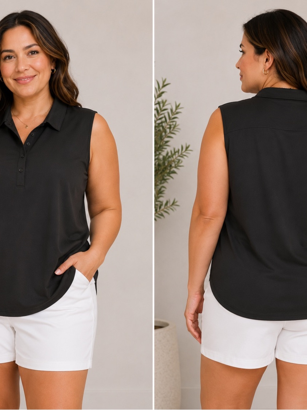 Lady Hagen Black Sleeveless Polo Top with Collar